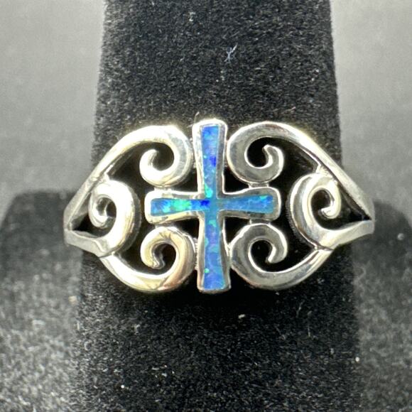 New Condition Sterling Silver Lab Black Opal Cross Scroll Ring 925 Size 7 - Picture 1 of 5